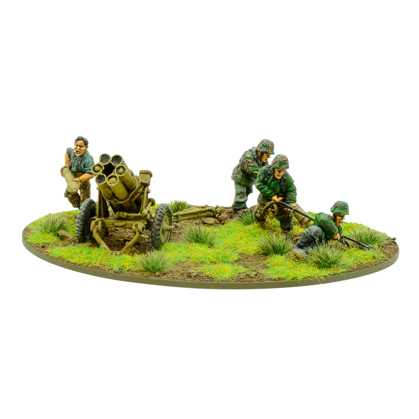 Waffen-SS 150mm Nebelwerfer 41 Warlord Games WGB-LSS-09 – pomalowana wyrzutnia rakiet z obsługą 3 figurek SS w kamuflażu Erbsenmuster, ładowniczy z rakietą, metal 28mm Bolt Action