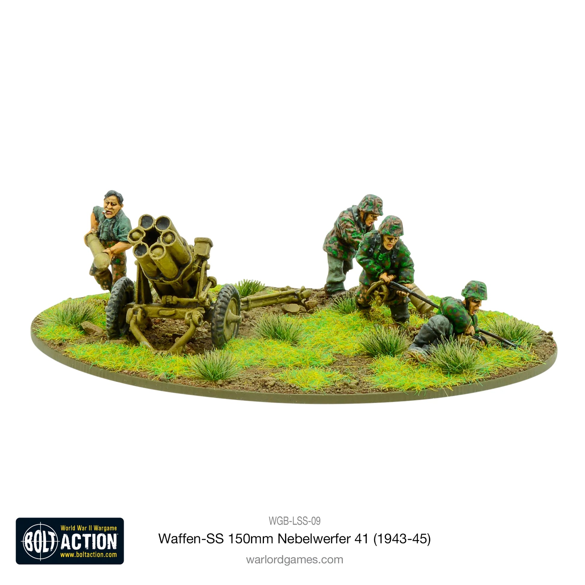 Waffen-SS 150mm Nebelwerfer 41 Warlord Games WGB-LSS-09 – pomalowana wyrzutnia rakiet z obsługą 3 figurek SS w kamuflażu Erbsenmuster, ładowniczy z rakietą, metal 28mm Bolt Action