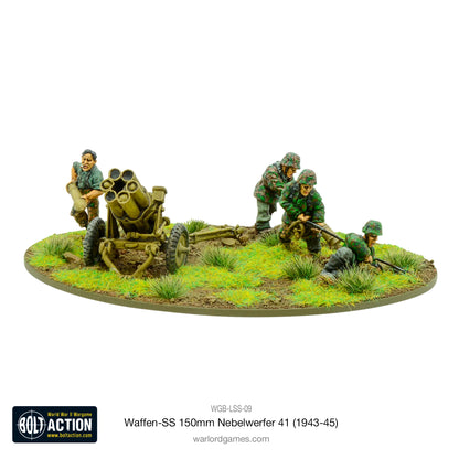 Waffen-SS 150mm Nebelwerfer 41 Warlord Games WGB-LSS-09 – pomalowana wyrzutnia rakiet z obsługą 3 figurek SS w kamuflażu Erbsenmuster, ładowniczy z rakietą, metal 28mm Bolt Action