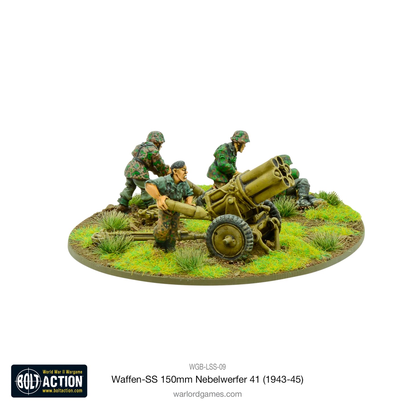 Waffen-SS 150mm Nebelwerfer 41 – widok z boku: obsługa SS w kamuflażu Erbsenmuster przy wyrzutni, ładowniczy z rakietą 150mm, metal 28mm Bolt Action
