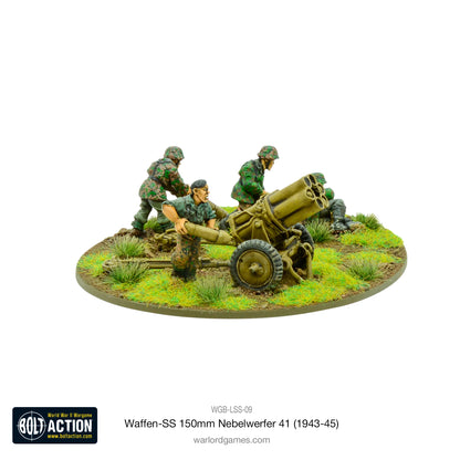 Waffen-SS 150mm Nebelwerfer 41 – widok z boku: obsługa SS w kamuflażu Erbsenmuster przy wyrzutni, ładowniczy z rakietą 150mm, metal 28mm Bolt Action