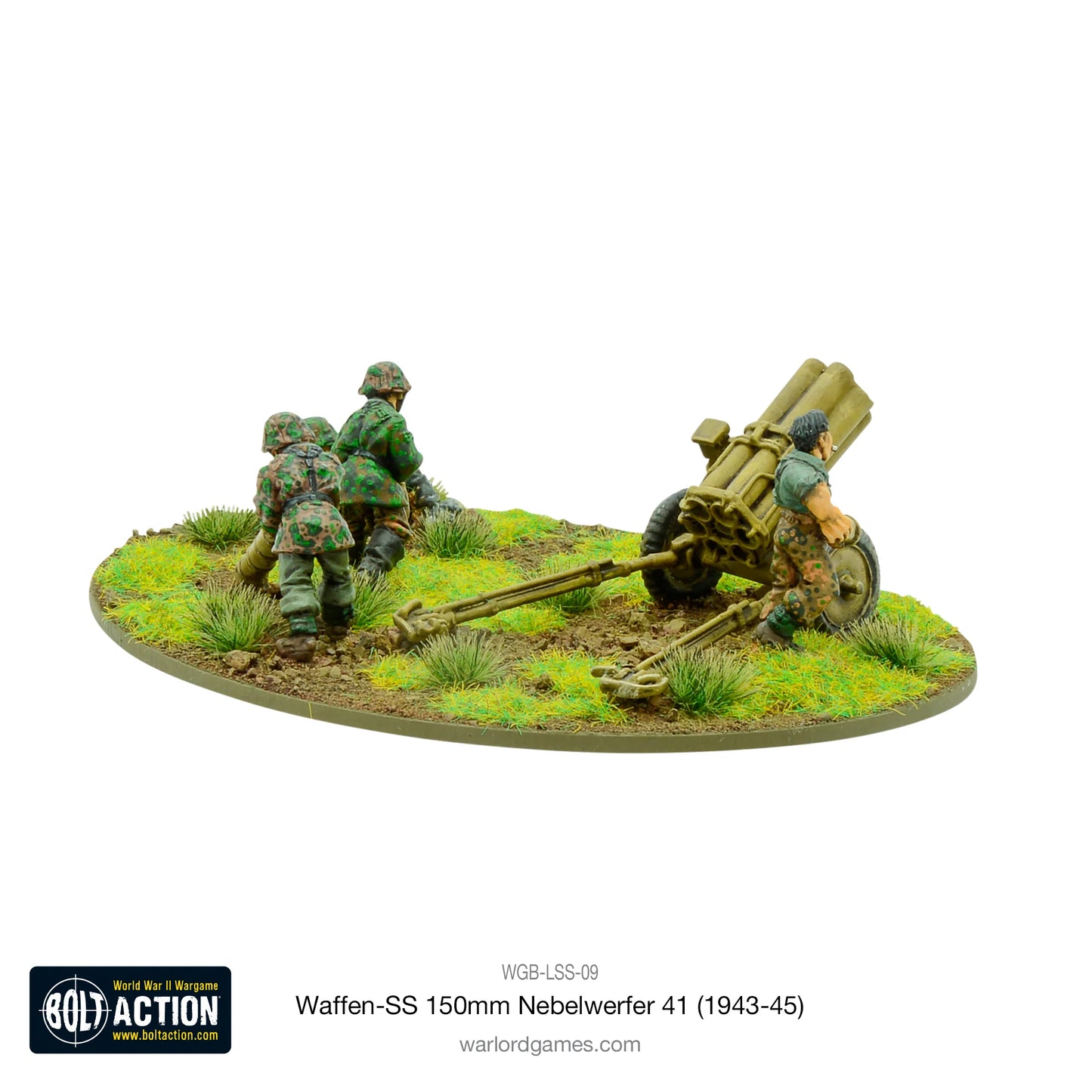 Waffen-SS 150mm Nebelwerfer 41 – widok z tyłu: obsługa SS holuje wyrzutnię na nową pozycję, kamuflaż Erbsenmuster, metal 28mm Bolt Action