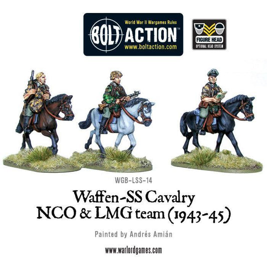 Waffen-SS Cavalry NCO & LMG 1943-45 – widok z przodu: 3 jeźdźcy SS na koniach czarnym, siwym i gniadym, kamuflaż Erbsenmuster i Leibermuster, metal 28mm Bolt Action