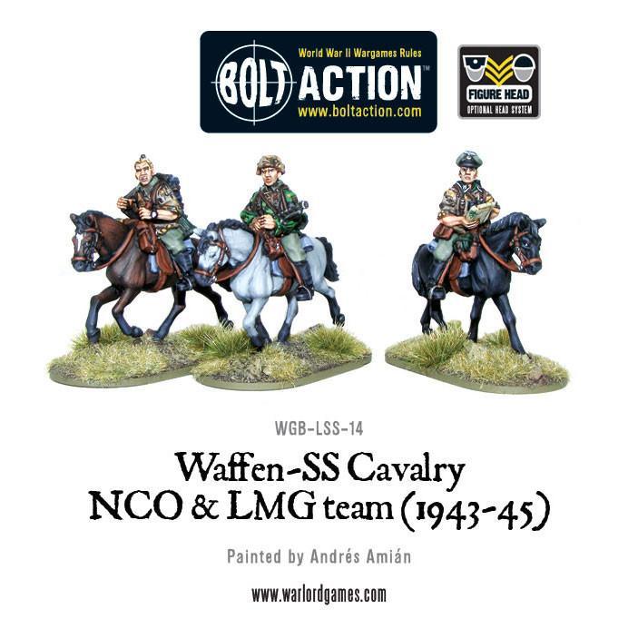 Waffen-SS Cavalry NCO & LMG 1943-45 – widok z tyłu: detale ekwipunku jeźdźców SS, siodła, plecaki, ładownice, kamuflaż SS, metal 28mm Bolt Action