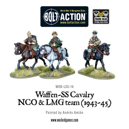 Waffen-SS Cavalry NCO & LMG 1943-45 – widok z tyłu: detale ekwipunku jeźdźców SS, siodła, plecaki, ładownice, kamuflaż SS, metal 28mm Bolt Action