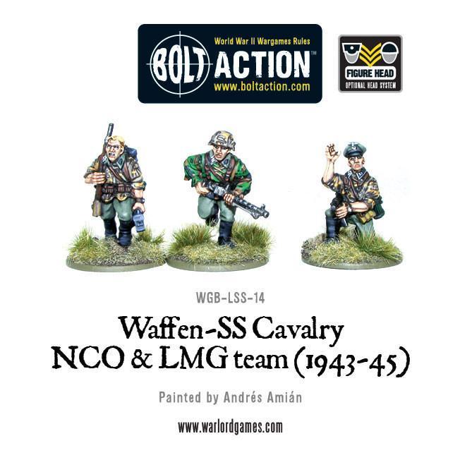 Waffen-SS Cavalry NCO & LMG 1943-45 – 3 figurki dismounted z przodu: strzelec z karabinem, strzelec LMG klęczący z MG34, podoficer dający znak ręką, kamuflaż SS, metal 28mm