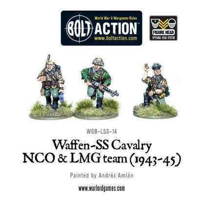 Waffen-SS Cavalry NCO & LMG 1943-45 – 3 figurki dismounted z przodu: strzelec z karabinem, strzelec LMG klęczący z MG34, podoficer dający znak ręką, kamuflaż SS, metal 28mm