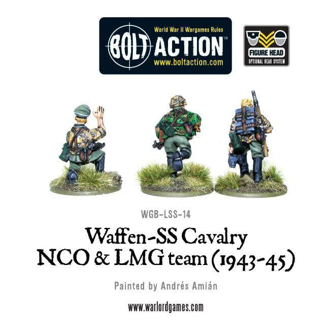 Waffen-SS Cavalry NCO & LMG 1943-45 – 3 figurki dismounted z tyłu: detale ekwipunku, plecaki, ładownice, kamuflaż Erbsenmuster i Leibermuster, metal 28mm Bolt Action