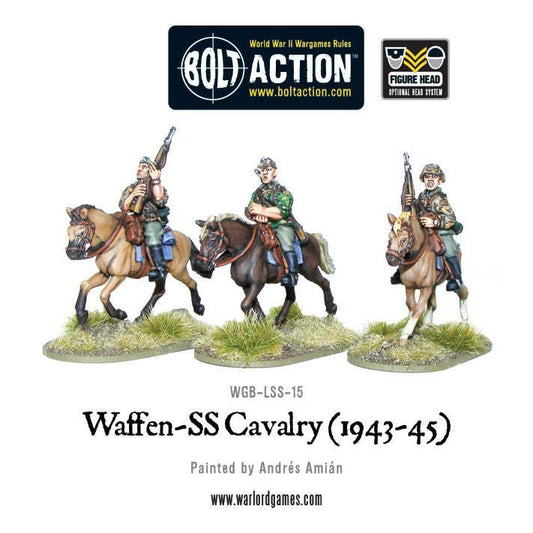 Waffen-SS Cavalry 1943-45 – 3 jeźdźcy SS na koniach: gniadym, kasztanowym i płowym, kamuflaż Erbsenmuster i Leibermuster, widok z przodu, metal 28mm