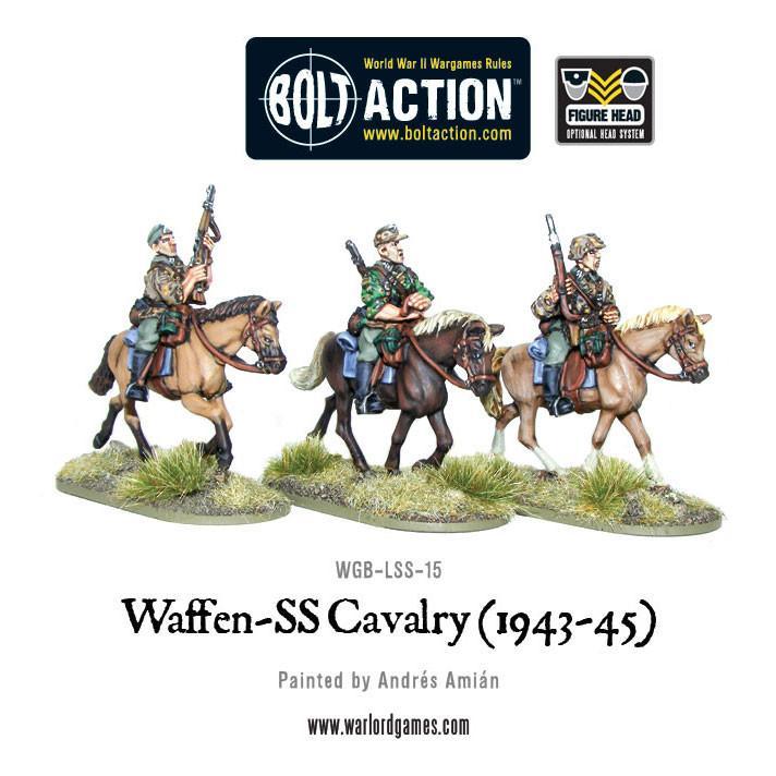 Waffen-SS Cavalry 1943-45 – 3 jeźdźcy SS na koniach widok z boku, karabiny gotowe do strzału, kamuflaż Erbsenmuster, metal 28mm Bolt Action