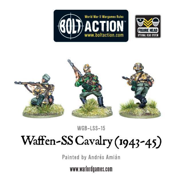Waffen-SS Cavalry 1943-45 – 3 figurki dismounted: strzelec leżący z karabinem, żołnierz klęczący z MP40, żołnierz stojący, kamuflaż SS, metal 28mm Bolt Action