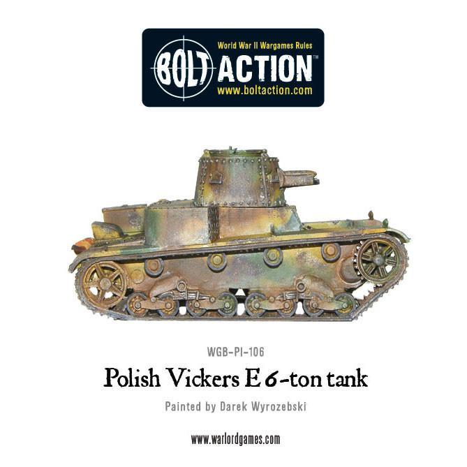 Polish Vickers E 6-ton tank – model 28mm w kamuflażu, widok z przodu i boku, Bolt Action Warlord Games
