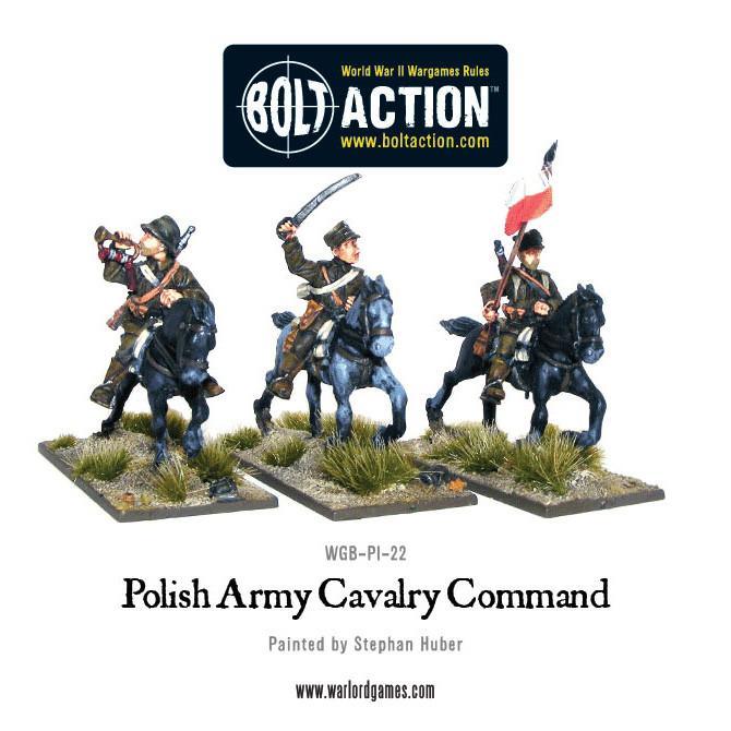 Polska Kawaleria Dowództwo – widok z lewej strony, oficer z szablą i trębacz, model 28mm Bolt Action WGB-PI-22
