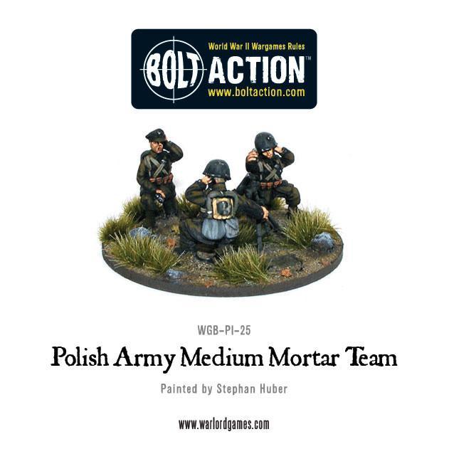 Polish Army Medium Mortar Team – widok z przodu, model 28mm Bolt Action Warlord Games
