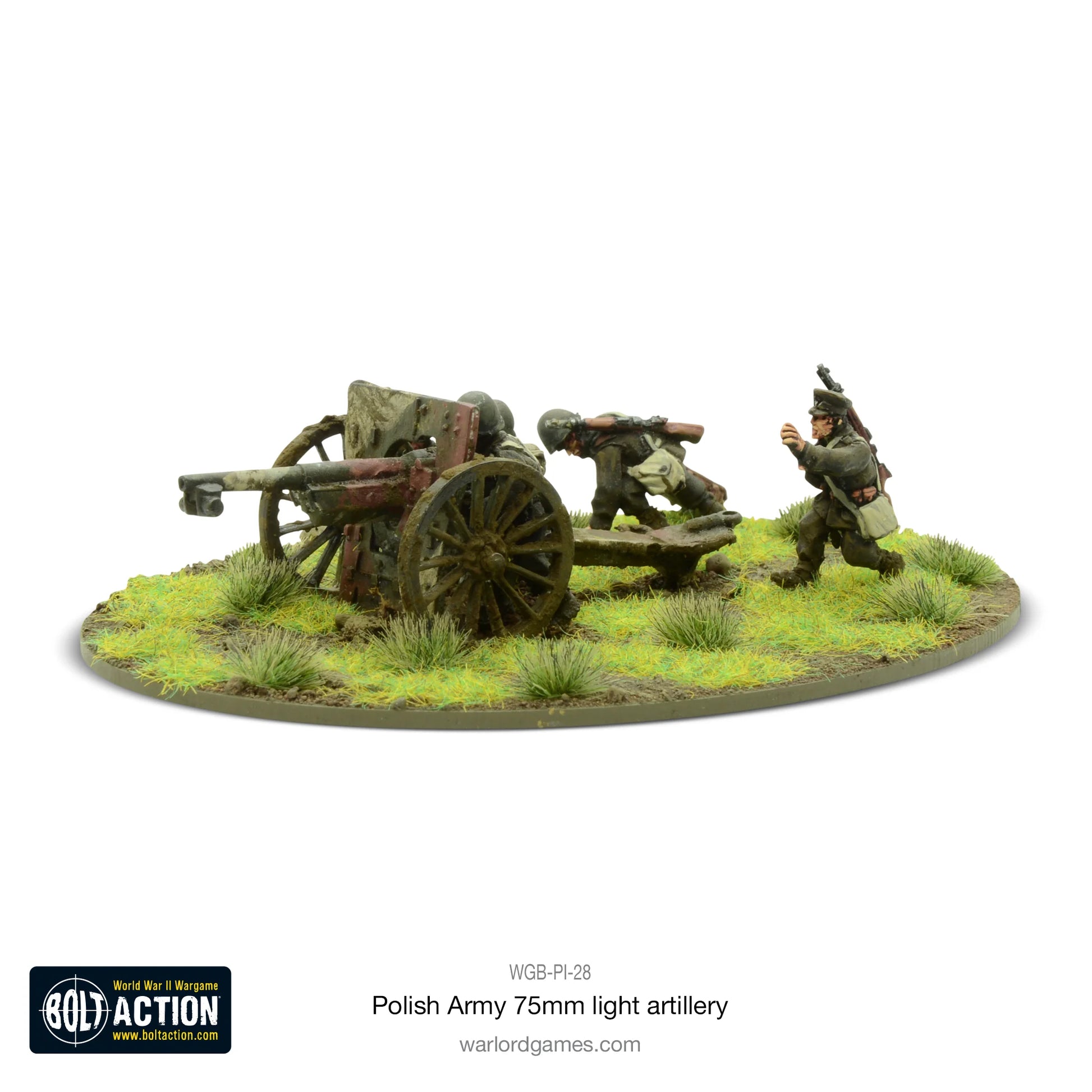 Polish Army 75mm Light Artillery – armata wz. 1897 z obsługą, widok z tyłu, model 28mm Bolt Action Warlord Games
