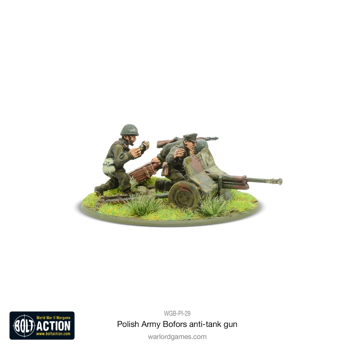 Polish Army Bofors 37mm ATG – widok z przodu: 2 figurki obsługi przy działku Bofors wz. 36 na okrągłej podstawce z trawą, mundury Wojska Polskiego 1939, metal 28mm