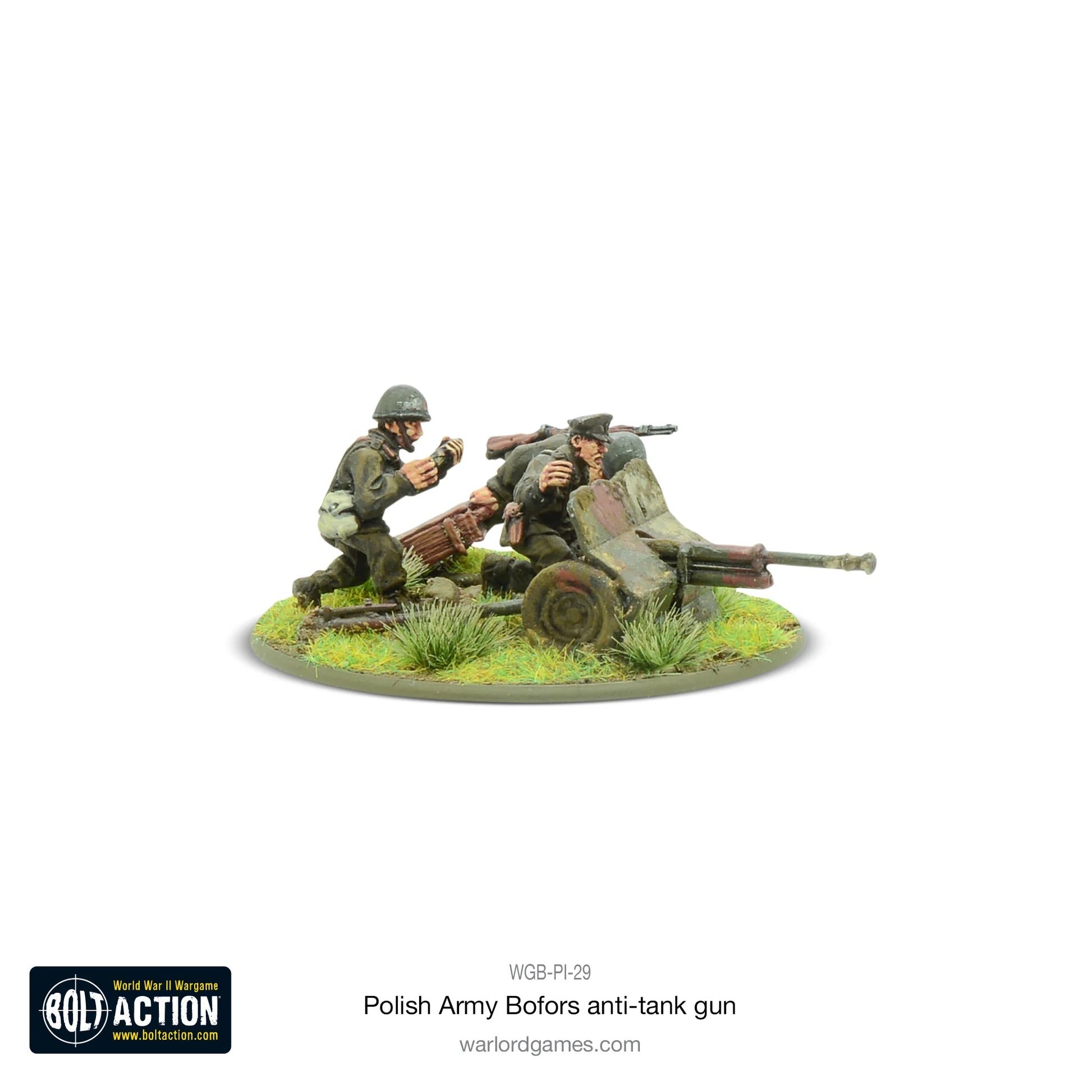 Polish Army Bofors 37mm ATG – widok z przodu: 2 figurki obsługi przy działku Bofors wz. 36 na okrągłej podstawce z trawą, mundury Wojska Polskiego 1939, metal 28mm