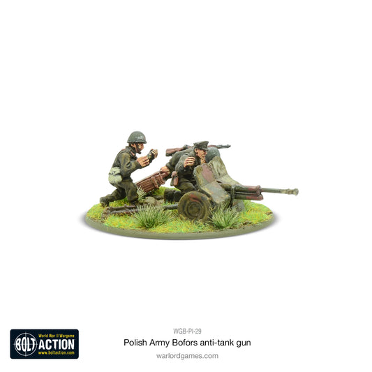 Polish Army Bofors 37mm ATG – widok z przodu: 2 figurki obsługi przy działku Bofors wz. 36 na okrągłej podstawce z trawą, mundury Wojska Polskiego 1939, metal 28mm