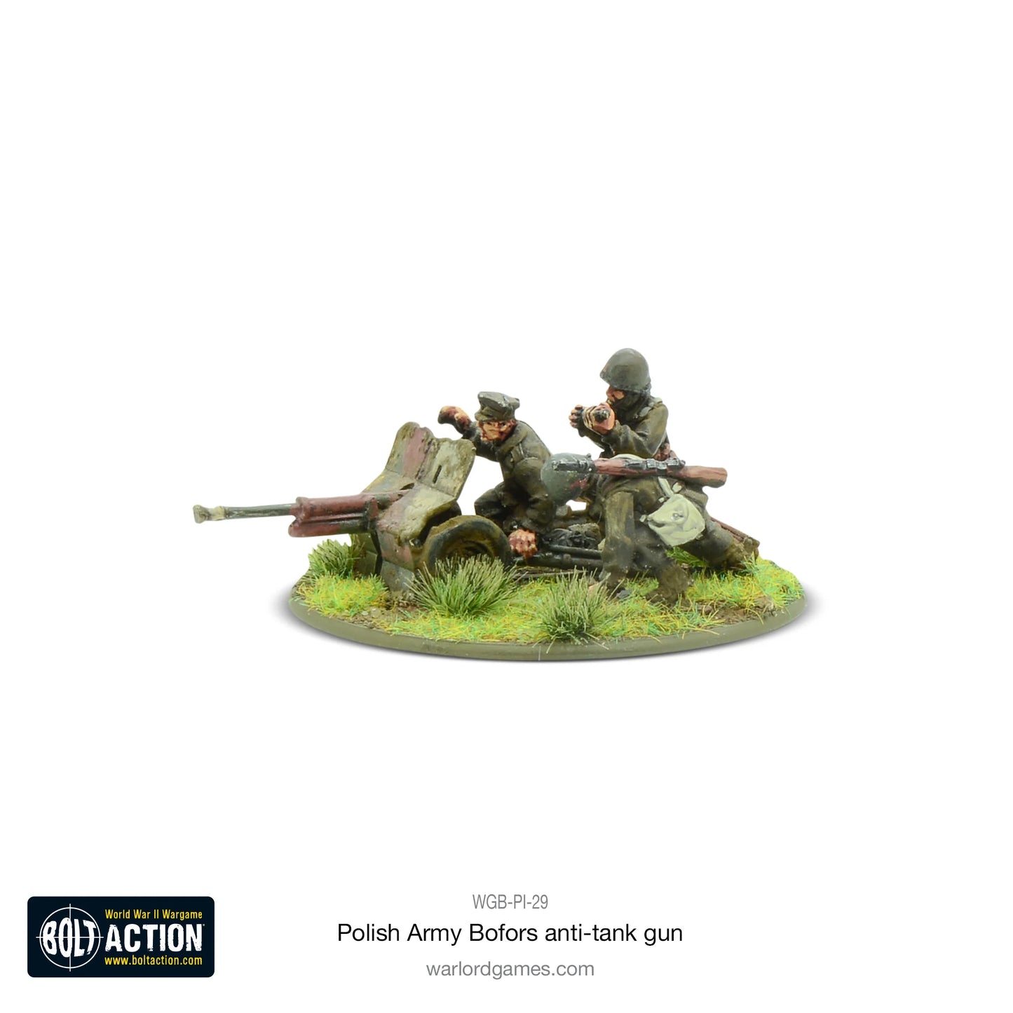  Polish Army Bofors 37mm ATG – widok z boku lewego: celowniczy przy lunecie, ładowniczy z nabojem, działko Bofors wz. 36, mundury Wojska Polskiego, metal 28mm Bolt Action