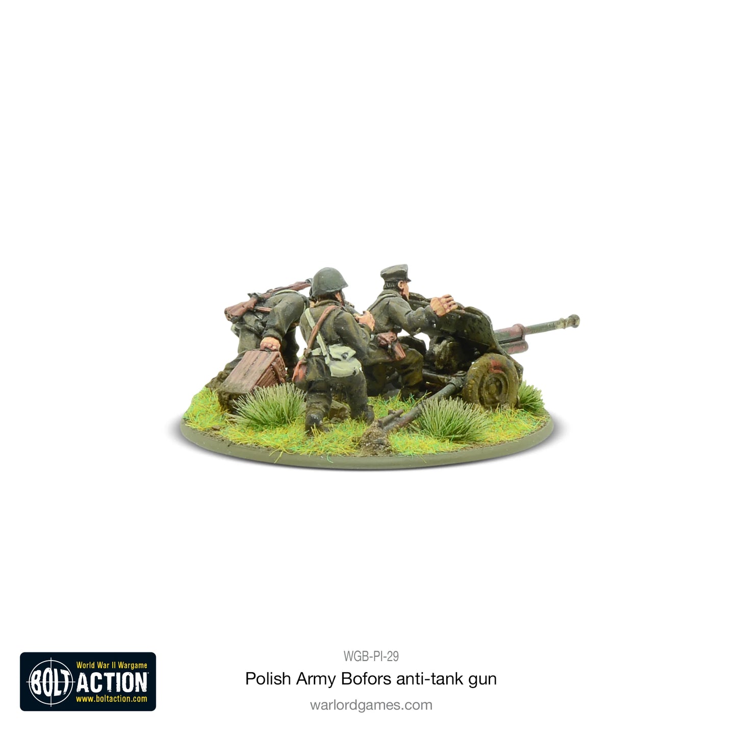 Polish Army Bofors 37mm ATG – widok z tyłu: 2 figurki obsługi Wojska Polskiego przy działku Bofors, detale ekwipunku i mundurów 1939, metal 28mm Bolt Action