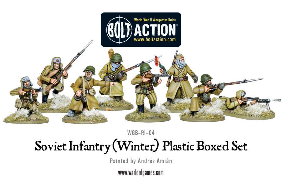 Soviet Winter Infantry - Bolt Action 28mm - pomalowane figurki zimowe mundury khaki Mosin-Nagant PPSh-41 DP-28 podstawki Andrés Amián - Warlord Games