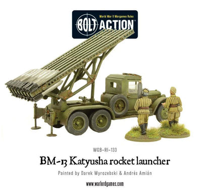 BM-13 Katyusha Rocket Launcher – pomalowany model, widok z tyłu z widoczną kratownicą wyrzutni i rakietami, logo Bolt Action, WGB-RI-133, Warlord Games
