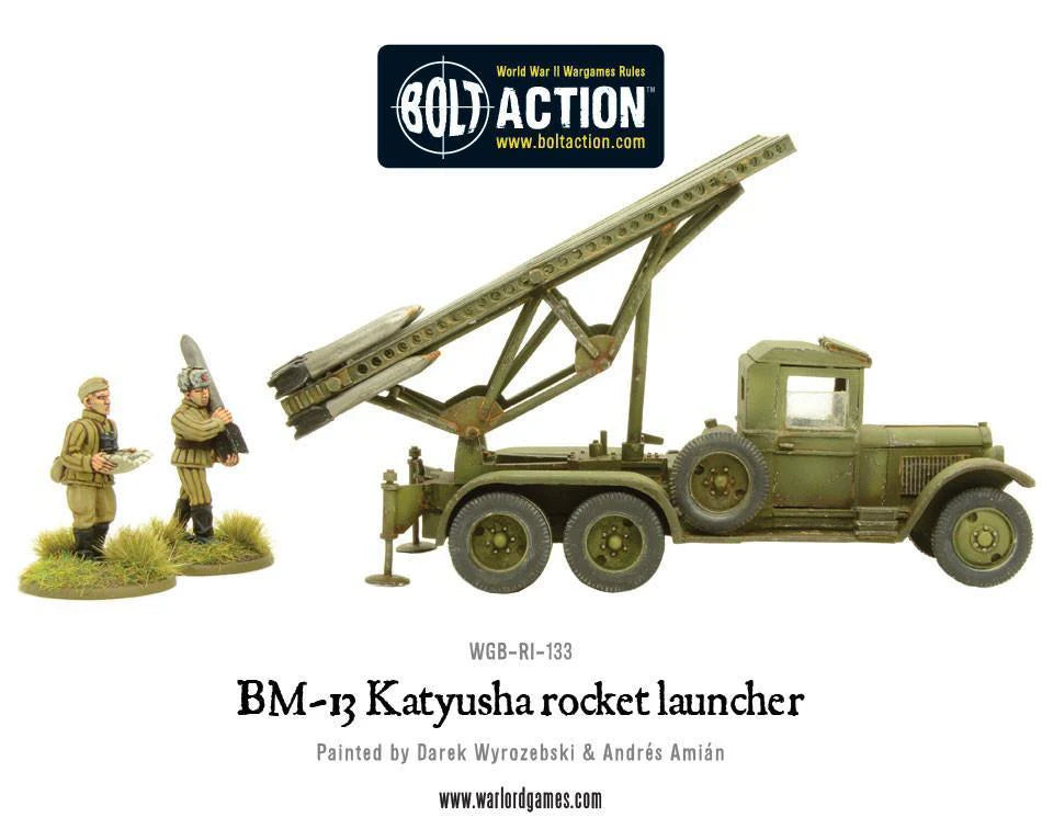 BM-13 Katyusha Rocket Launcher – pomalowany model, widok z tyłu z widoczną kratownicą wyrzutni i rakietami, logo Bolt Action, WGB-RI-133, Warlord Games
