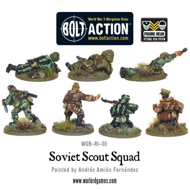 Soviet Scout Squad Bolt Action - 7 figurek widok z tyłu z logo Bolt Action i Figure Head, 3 leżące, 4 stojące w kamuflażu maskującym, tufty trawy, kod WGB-RI-36