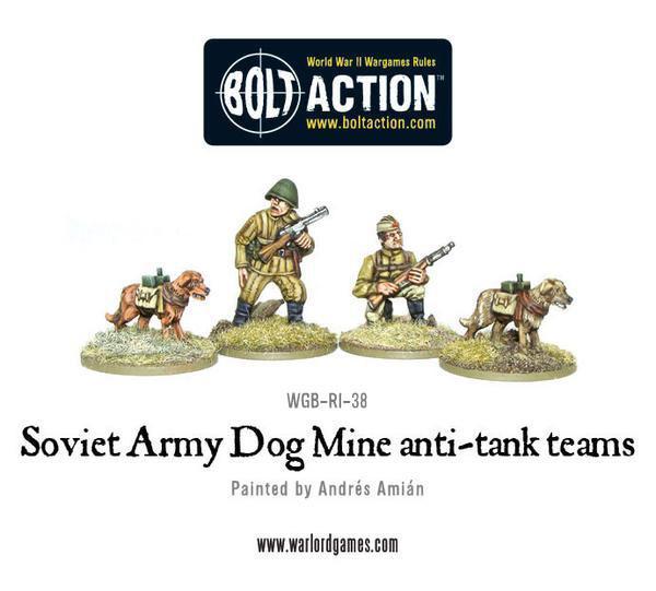 Soviet Army Dog Mine Anti-Tank Teams - Bolt Action 28mm - 2 figurki piechoty sowieckie mundury khaki hełmy 2 psy minowe ładunki wybuchowe podstawki Andrés Amián - Warlord Games