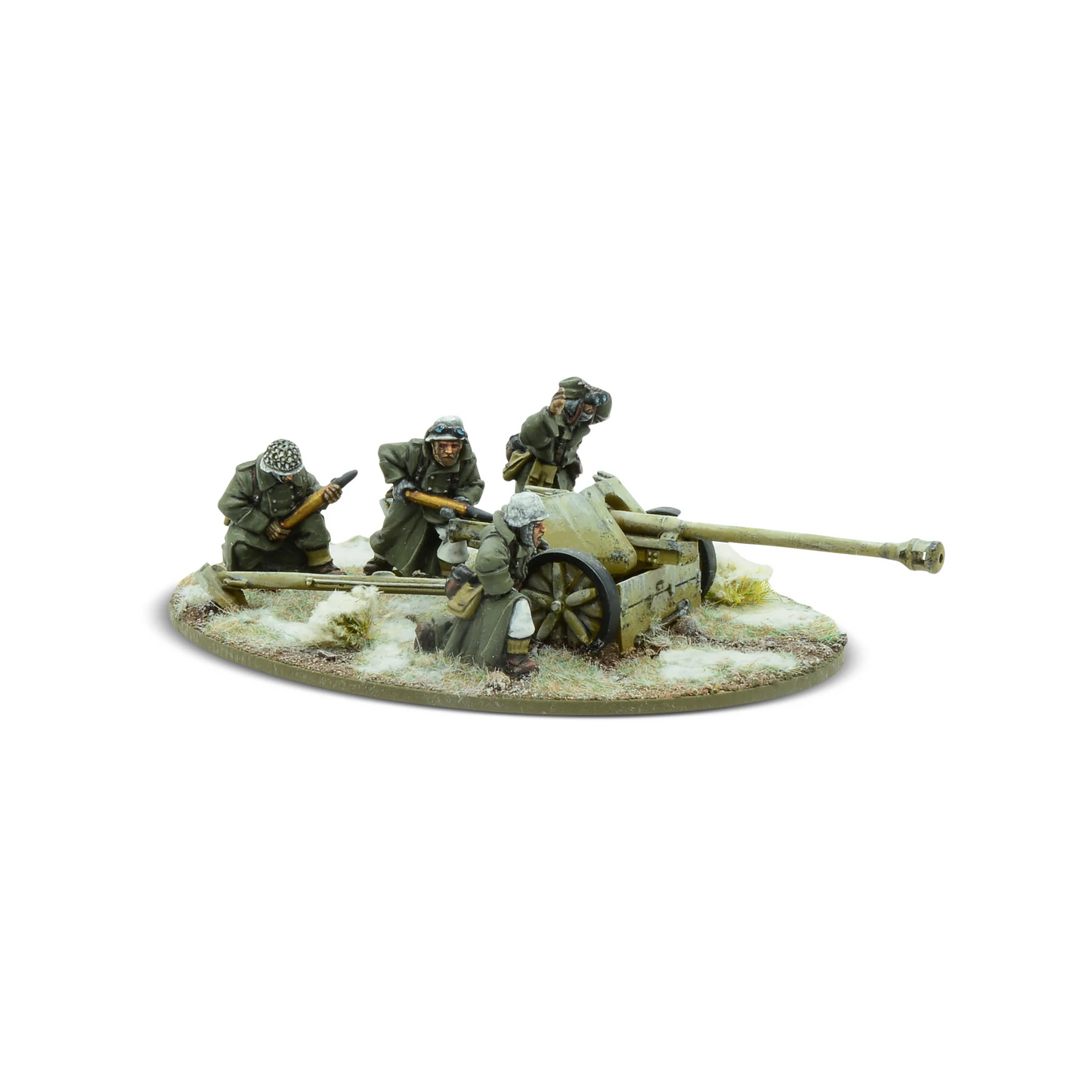 German Heer PaK40 Winter Bolt Action 28mm - widok z przodu lewego, działo 75mm, 4 figurki w zimowych płaszczach i kamuflażu, śnieg na podstawce, kod WGB-WHR-31