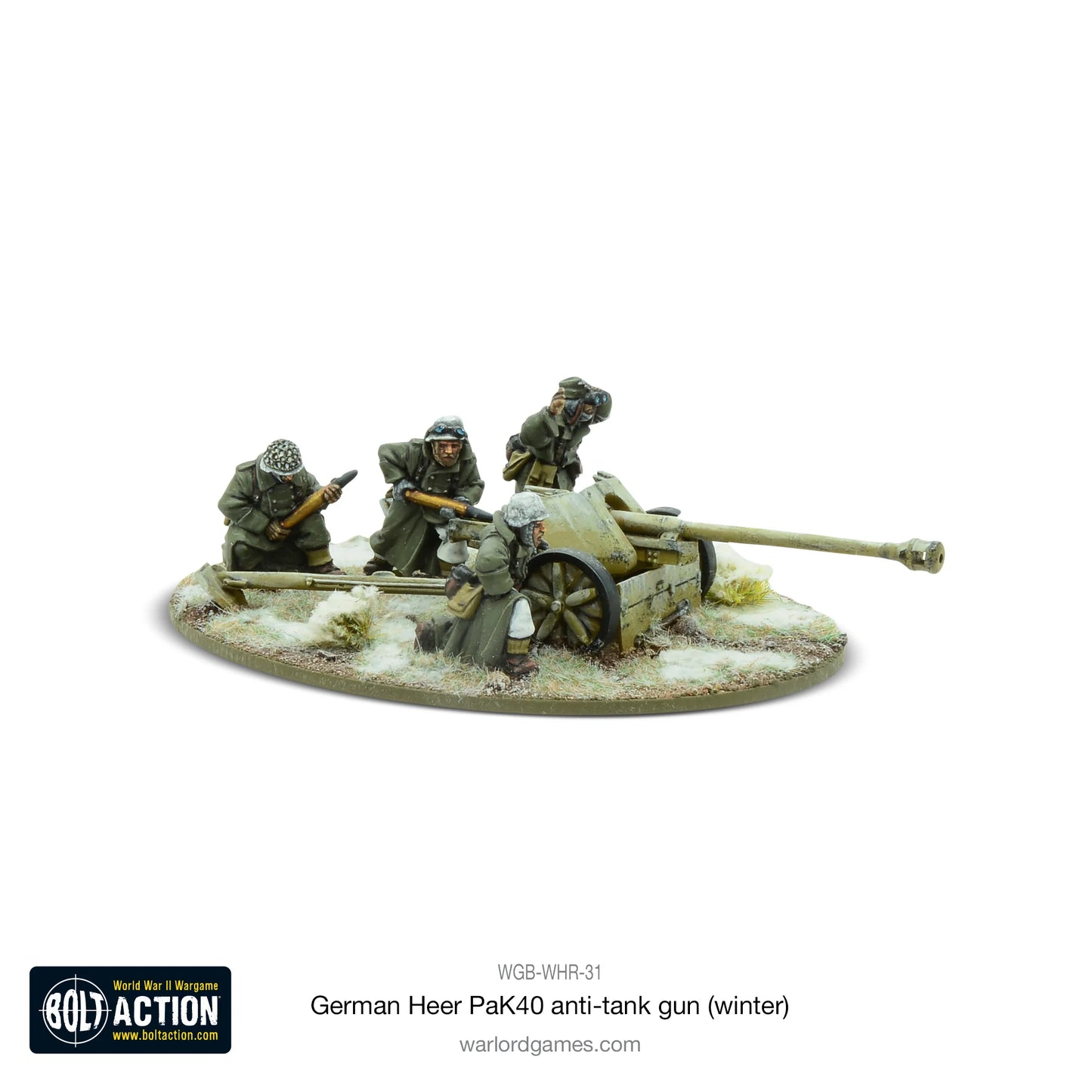 German Heer PaK40 Winter Bolt Action - widok z przodu lewego z logo Bolt Action, działo 75mm, 4 figurki w zimowych płaszczach, śnieg na podstawce, kod WGB-WHR-31
