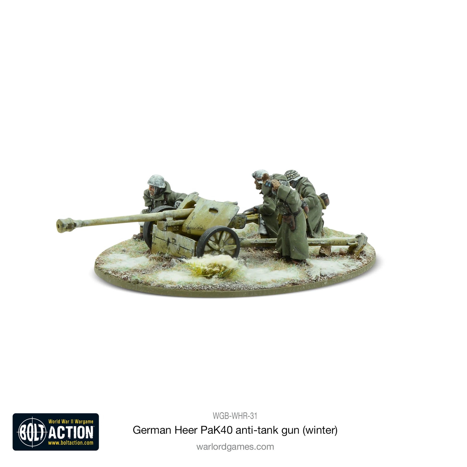 German Heer PaK40 Winter Bolt Action - widok z lewej, działo 75mm na kołach, 3 figurki w zimowych płaszczach, śnieg na podstawce, kod WGB-WHR-31