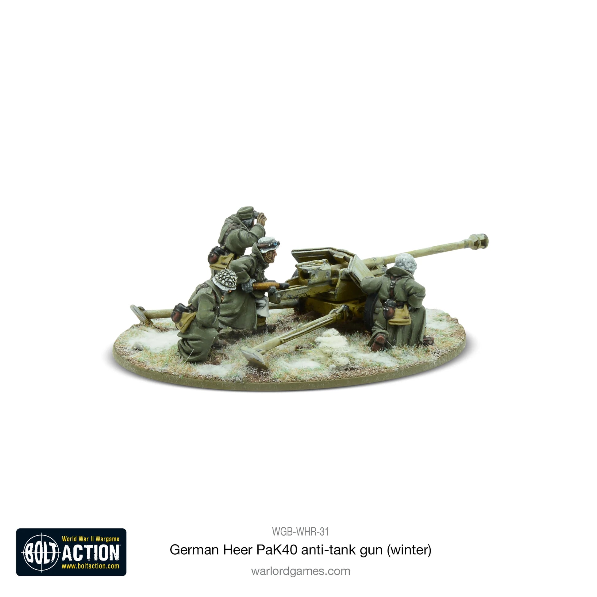 German Heer PaK40 Winter Bolt Action - widok z tyłu lewego, działo 75mm, 4 figurki w zimowych płaszczach, śnieg na podstawce, kod WGB-WHR-31