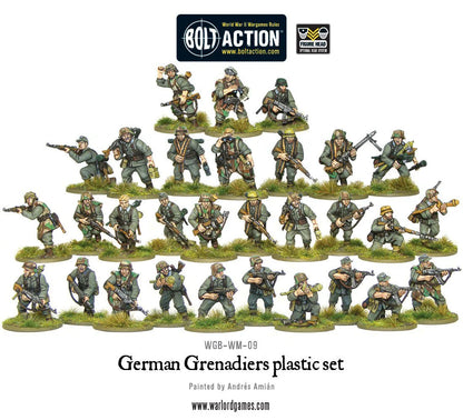 German Grenadiers - Bolt Action 28mm - kompletny pluton 30 figurek z STG44 Panzerfaust MG42 na podstawkach - widok całości - Warlord Games