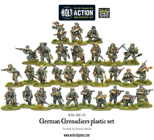 German Grenadiers - Bolt Action 28mm - kompletny pluton 30 figurek z STG44 Panzerfaust MG42 na podstawkach - widok całości - Warlord Games