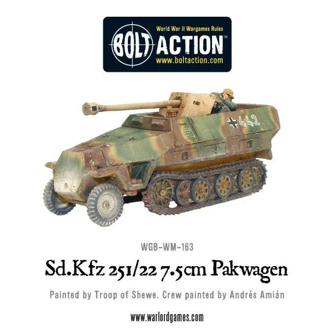 Sd.Kfz 251/22 7.5cm Pakwagen – pomalowany model, widok z przodu, logo Bolt Action, WGB-WM-163, Warlord Games
