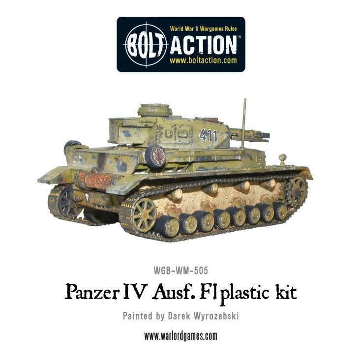 Panzer IV Ausf F1 - Bolt Action 1/56 28mm - czołg średni z krótkołufową armatą 75mm w kamuflażu pustynnym numer 411 - widok z boku z wyposażeniem - Warlord Games
