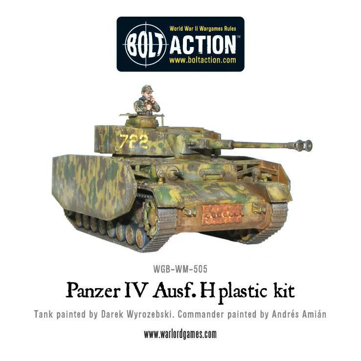 Panzer IV Ausf H - Bolt Action 1/56 28mm - czołg z długołufową armatą 75mm i osłonami schürzen w kamuflażu ambush numer 722 z dowódcą - widok z boku - Warlord Games
