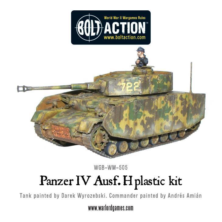 Panzer IV Ausf H - Bolt Action 1/56 28mm - czołg z długołufową armatą 75mm i osłonami schürzen w kamuflażu ambush numer 722 z dowódcą i anteną - widok z boku - Warlord Games