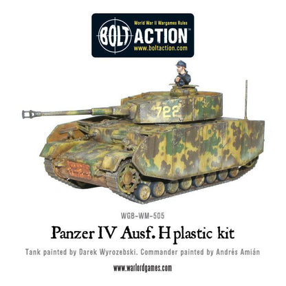 Panzer IV Ausf H - Bolt Action 1/56 28mm - czołg z długołufową armatą 75mm i osłonami schürzen w kamuflażu ambush numer 722 z dowódcą i anteną - widok z boku - Warlord Games