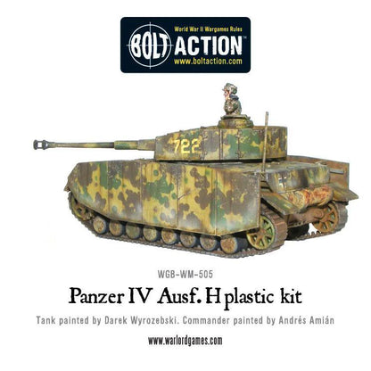 Panzer IV Ausf H - Bolt Action 1/56 28mm - czołg z długołufową armatą 75mm i osłonami schürzen w kamuflażu ambush numer 722 z dowódcą - widok z boku z efektami weathering - Warlord Games