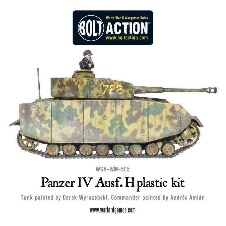 Panzer IV Ausf H - Bolt Action 1/56 28mm - czołg z długołufową armatą 75mm i osłonami schürzen w kamuflażu ambush numer 722 z dowódcą - widok z boku bez schürzen - Warlord Games