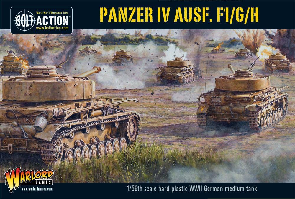 Panzer IV Ausf F1 G H - Bolt Action 1/56 28mm - opakowanie pudełko z ilustracją bitwy pancernej Panzer IV w akcji - 3 warianty plastikowy model - Warlord Games