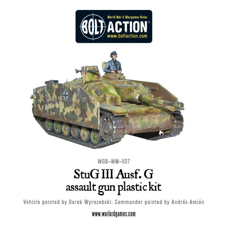 Stug III Ausf G - Bolt Action 1/56 28mm - armata szturmowa z armatą 75mm StuK 40 L/48 w kamuflażu ambush z dowódcą i karabinem MG42 - widok z przodu - Warlord Games