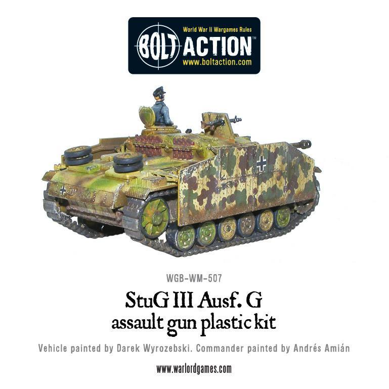 Stug III Ausf G - Bolt Action 1/56 28mm - armata szturmowa z armatą 75mm StuK 40 L/48 w kamuflażu ambush z dowódcą i karabinem MG42 - widok z tyłu z trzema czwartymi - Warlord Games