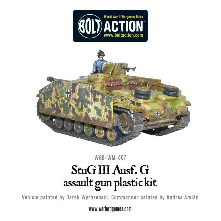  Stug III Ausf G - Bolt Action 1/56 28mm - armata szturmowa z armatą 75mm StuK 40 L/48 w kamuflażu ambush z dowódcą i karabinem MG42 - widok z przodu z trzema czwartymi - Warlord Games