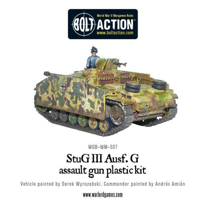  Stug III Ausf G - Bolt Action 1/56 28mm - armata szturmowa z armatą 75mm StuK 40 L/48 w kamuflażu ambush z dowódcą i karabinem MG42 - widok z przodu z trzema czwartymi - Warlord Games