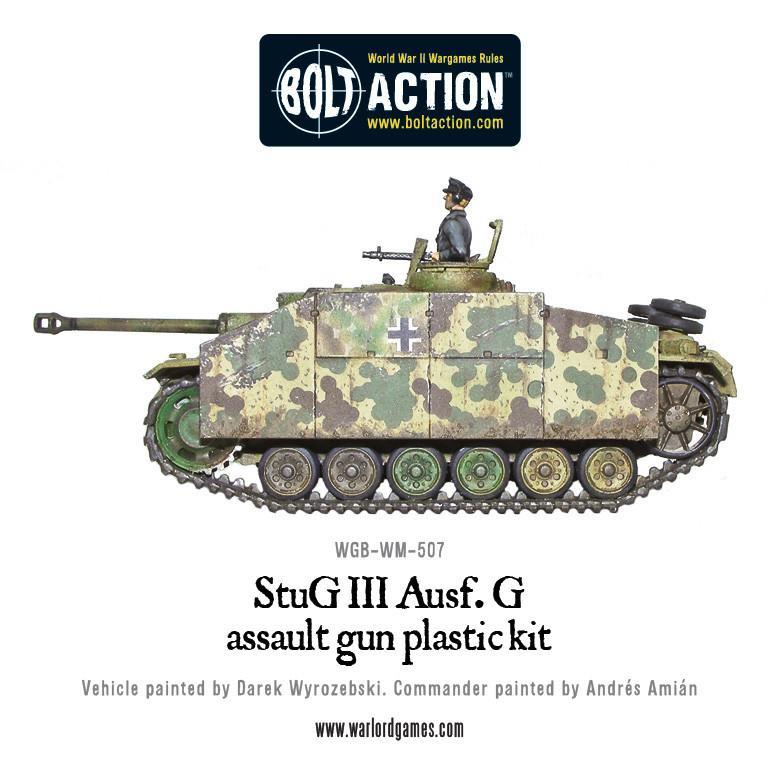 Stug III Ausf G - Bolt Action 1/56 28mm - armata szturmowa z długą armatą 75mm StuK 40 L/48 w kamuflażu ambush z dowódcą i karabinem MG42 - widok z boku z detalami podwozia - Warlord Games
