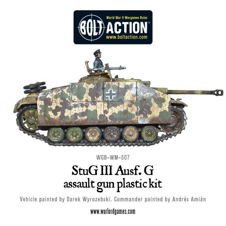 Stug III Ausf G - Bolt Action 1/56 28mm - armata szturmowa z armatą 75mm StuK 40 L/48 w kamuflażu ambush z dowódcą i karabinem MG42 - widok z boku - Warlord Games
