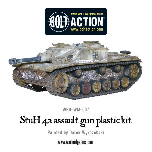 StuH-42 - Bolt Action 1/56 28mm - haubica szturmowa z krótkołufową armatą 10,5cm StuH 43 L/28 w zimowym kamuflażu białym - widok z boku z detalami gąsienic i podwozia - Warlord Games